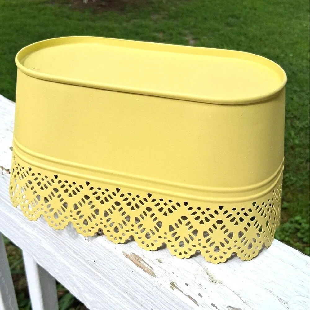 368 Yellow Metal Oval Lace Trimmed Basket Makeup Bathroom Planter Decor